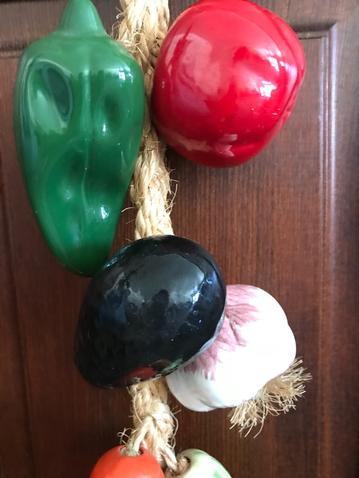 Assorted Multi-Color Ceramic Hanging Vegetables in a Braided Rope Home Decor