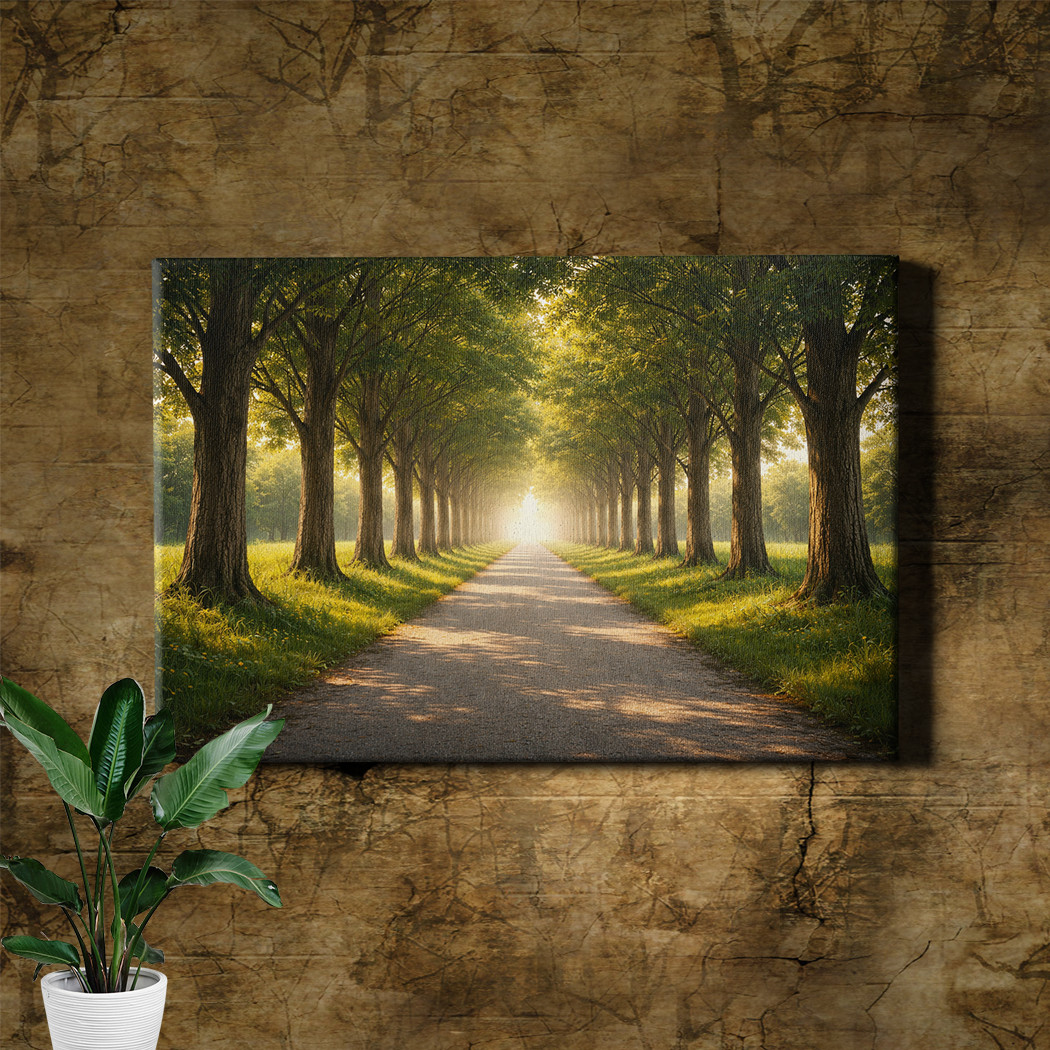 Forest Road Landscape Sunlight Filtering Wood Framed Canvas Art