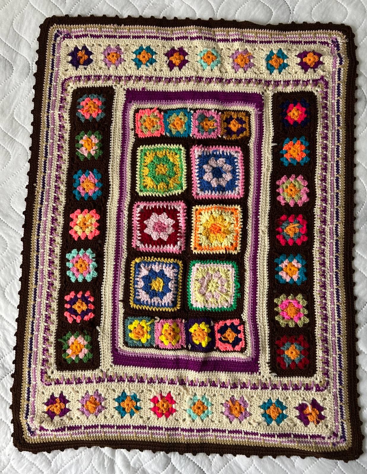 Vintage Granny Square Afghan Colorful Baby Blanket Chair Throw 42”x 31.5”