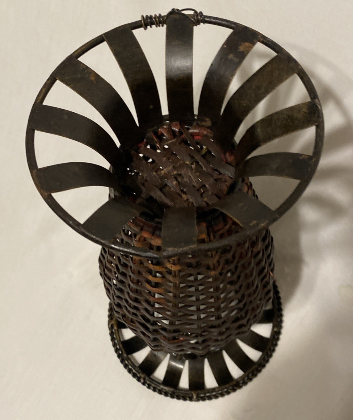 Vintage Rattan & Metal Vase Scroll Work on Top & Base 12 Inches