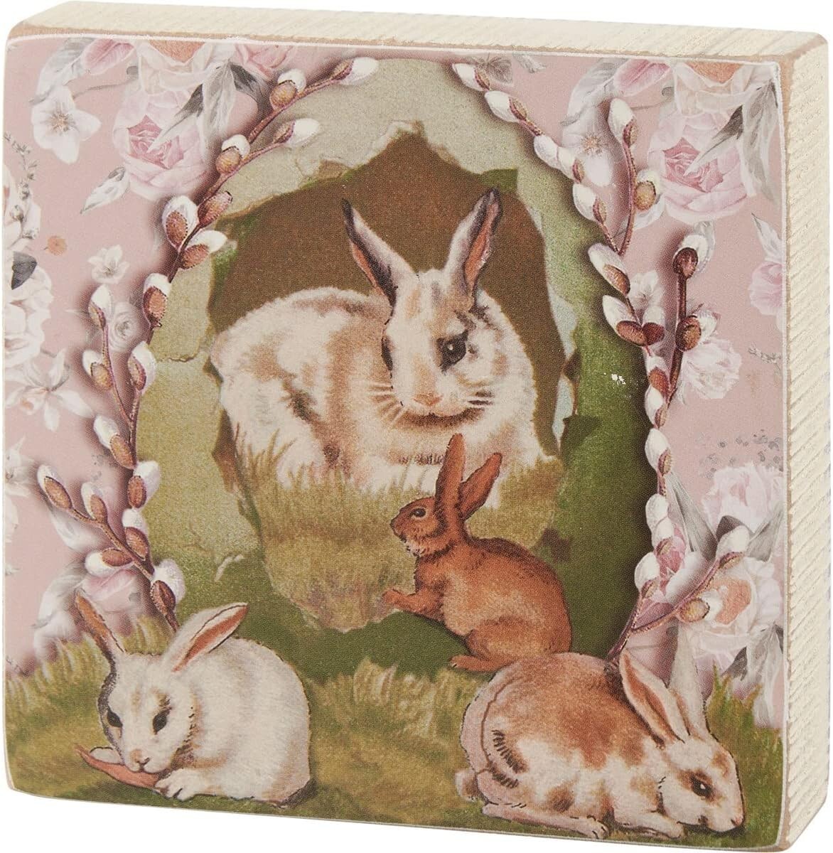 Vintage Bunnies Spring Primitives by Kathy Wood Block Sign 4 in x 4 in