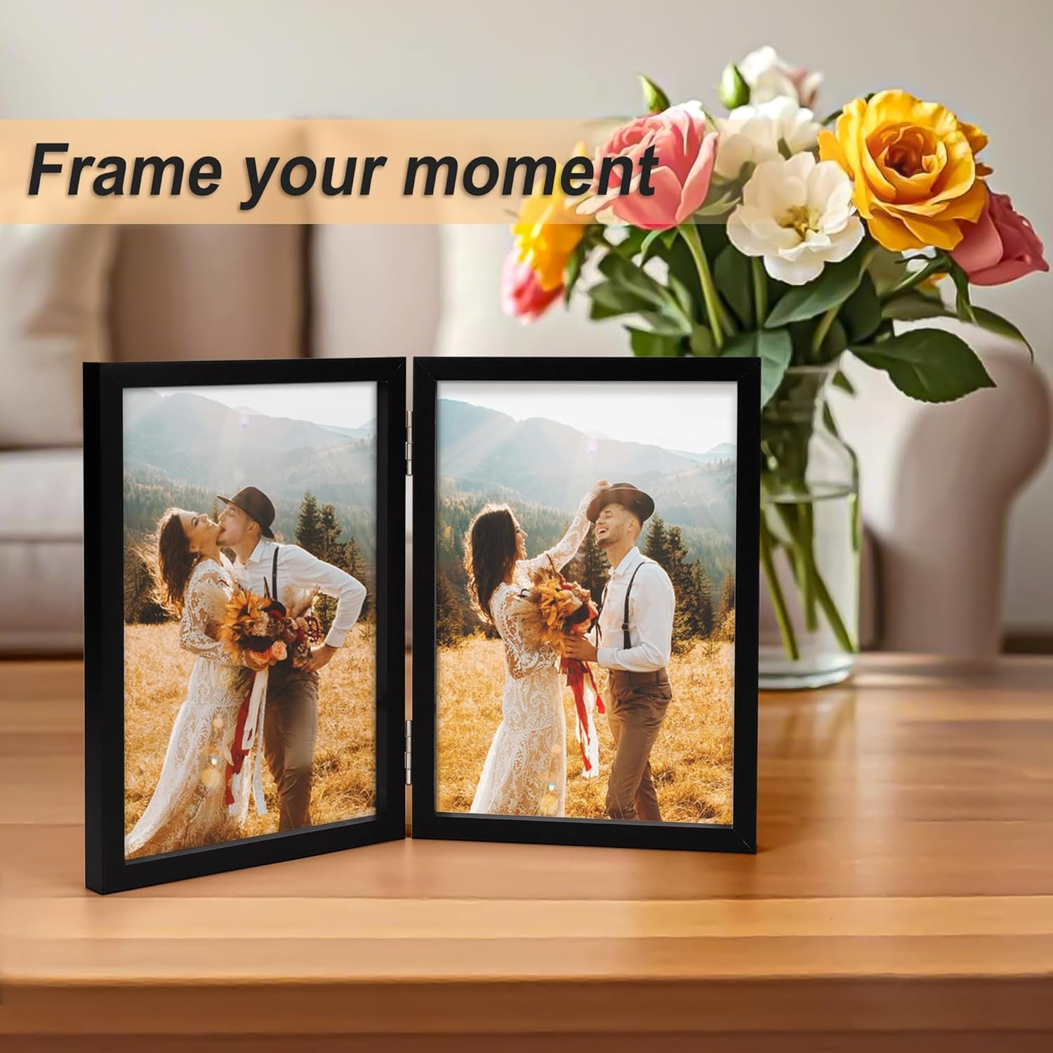 4×6 Double Hinged Folding Wood Picture Frame Tabletop Black 2 Photos