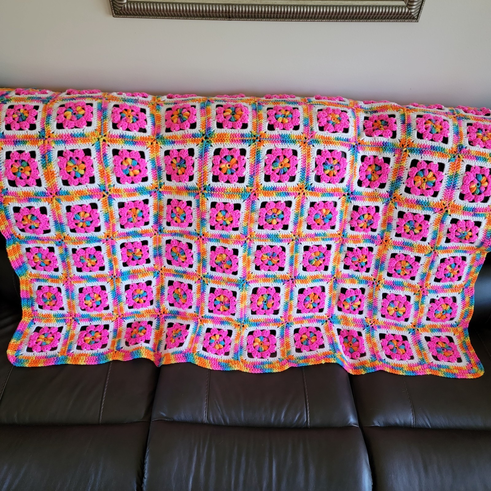 Afghan Pink Multicolor Crochet Knit Handmade Crafted Flower Throw Blanket Granny