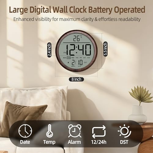 8 in Round Digital Wall Clock Battery Operated with Wood
