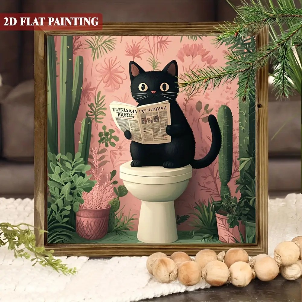 2D Bohemian Black Cat Reading Newspaper Wooden Sign for Home Bathroom Wall Decor