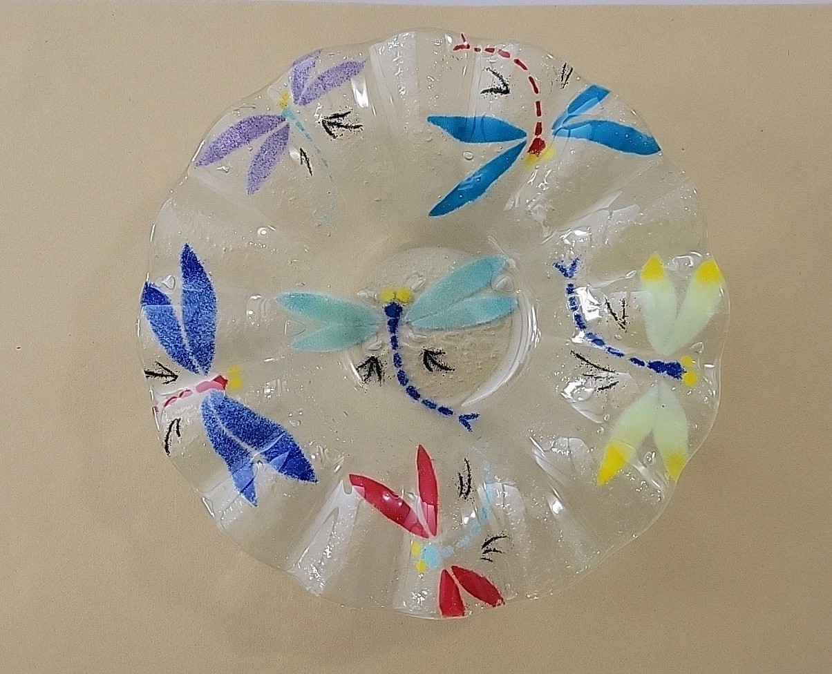 Fused Glass with Dragonflies Candy Dish Multicolor