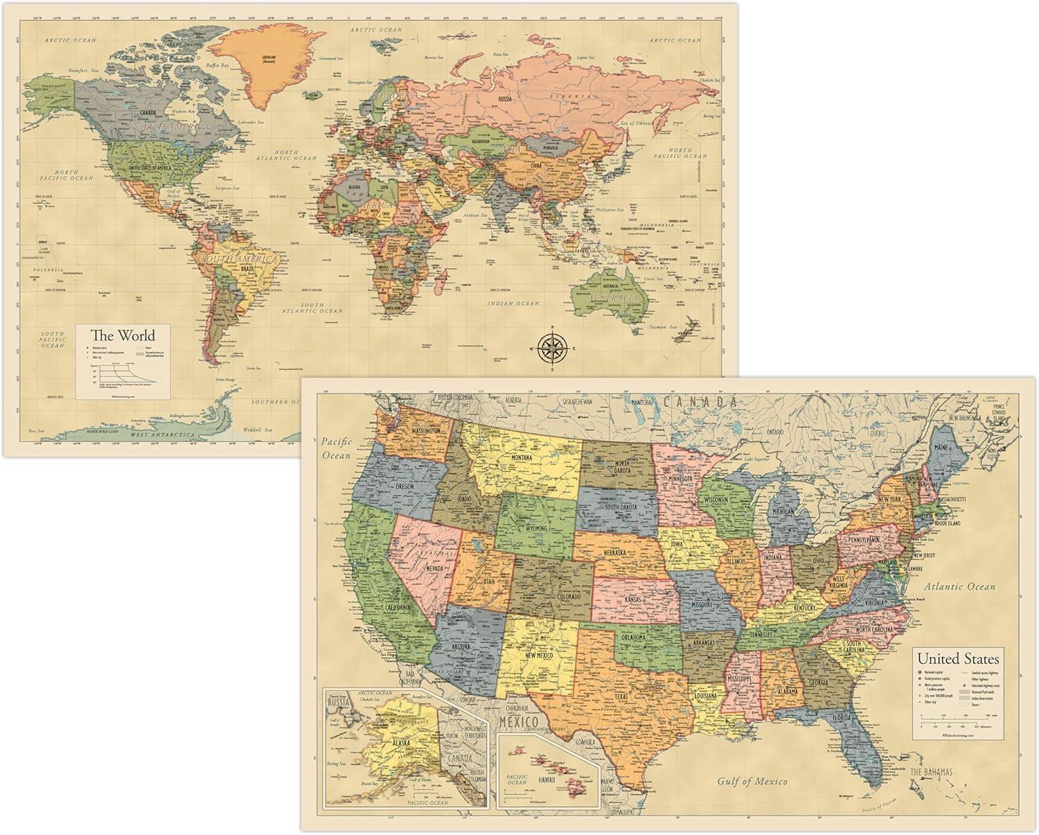 2 Pack – Laminated World Map & US Map Poster Set – Wall Chart Map of the World &