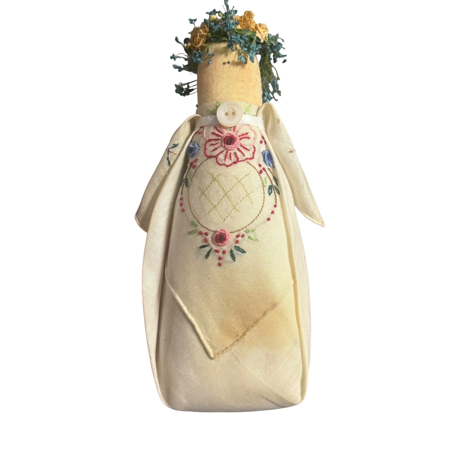 Handmade Primitive Fabric Angel Doll Hand Embroidered Floral Dried Flower Crown
