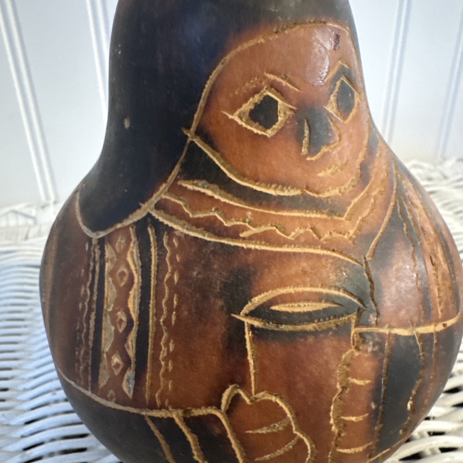 Vintage Peruvian Mate Burilado Carved Gourd Folk Art Figure Handcrafted Peru