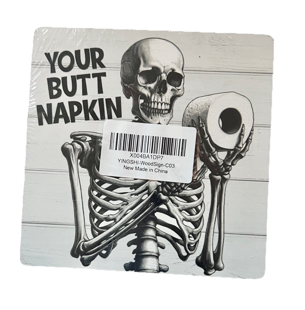 Bathroom Plaque Wood Sign & Stand Halloween Fun Skeleton Tissue Humor Home Decor