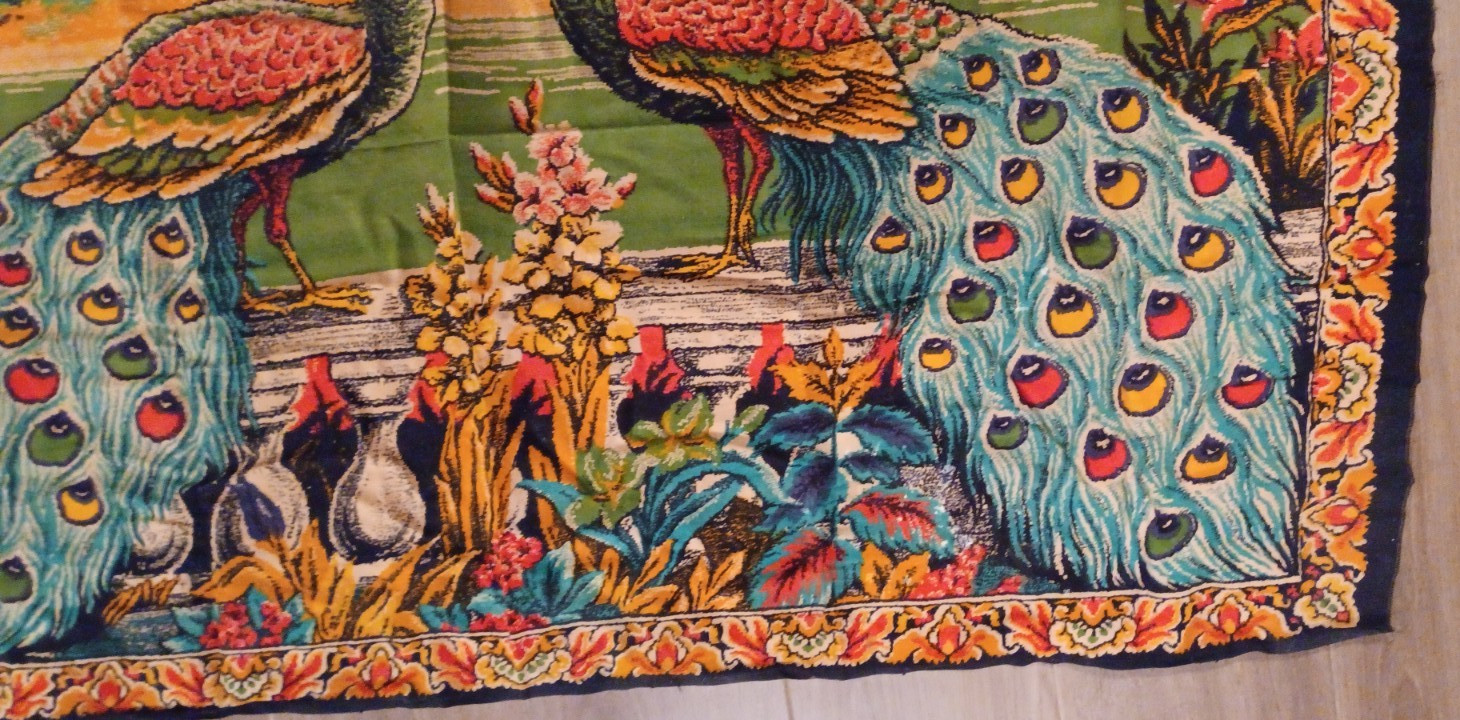 Peacock Tapestry VTG Wall Hanging Rug 37×58 Turkish Cotton Velvet Bird Art