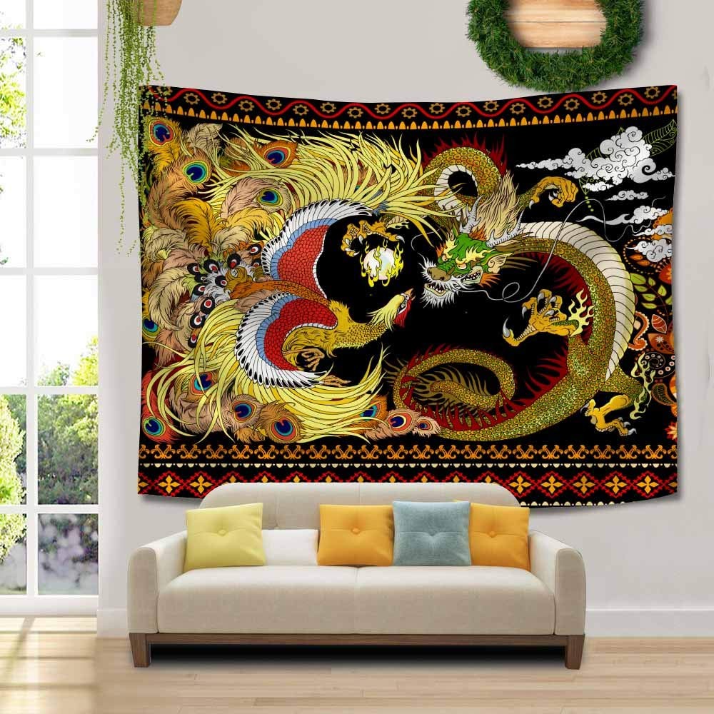 Dragon Phoenix Tapestry, Chinese Oriental Asian Mythology Animal Tapestries, Chi