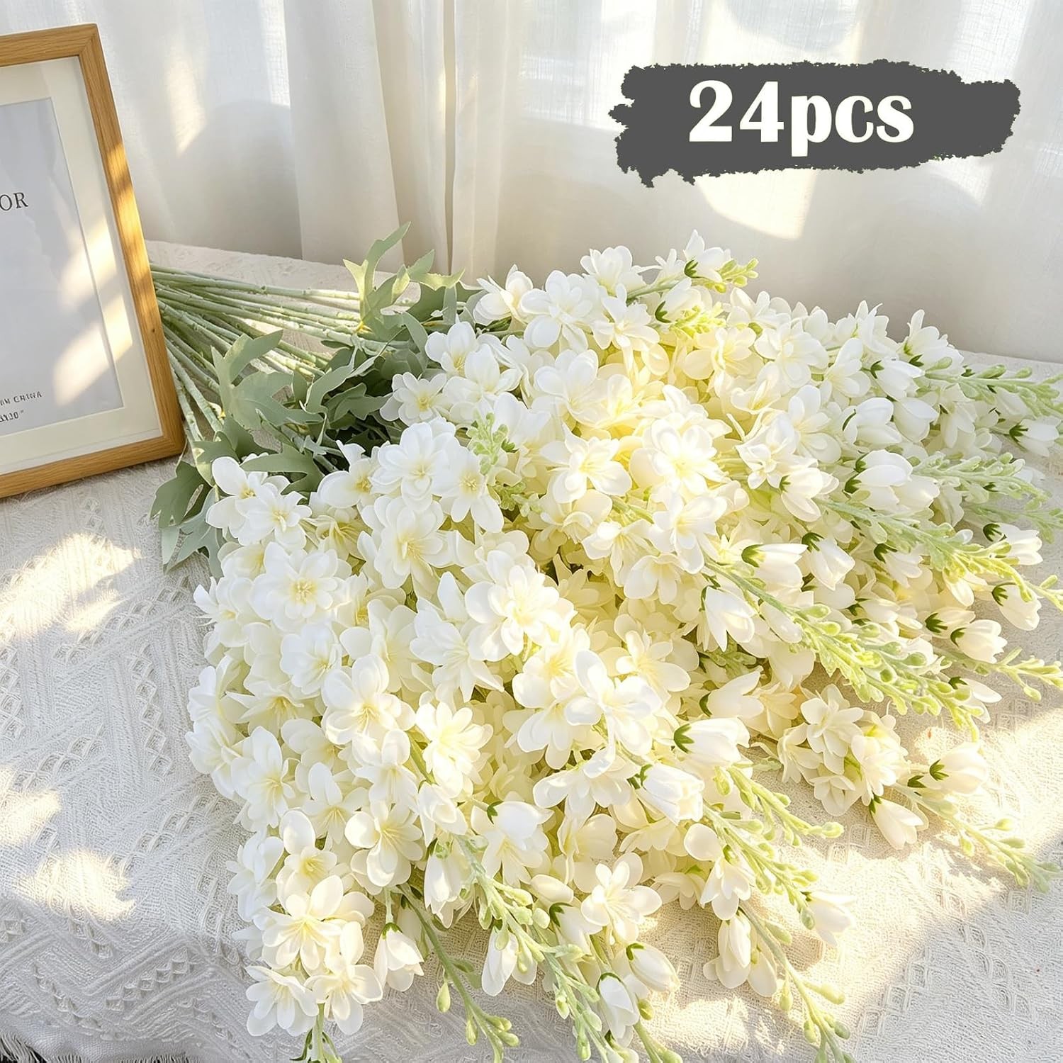 24Pcs White Delphinium Artificial Flowers Bulk 33.5″ Long Stem Silk Delphinium