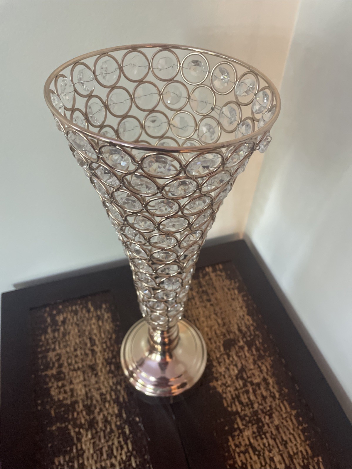 GOLD METAL 15” tall Faux Crystal Beaded Trumpet Vases Centerpiece NWOT