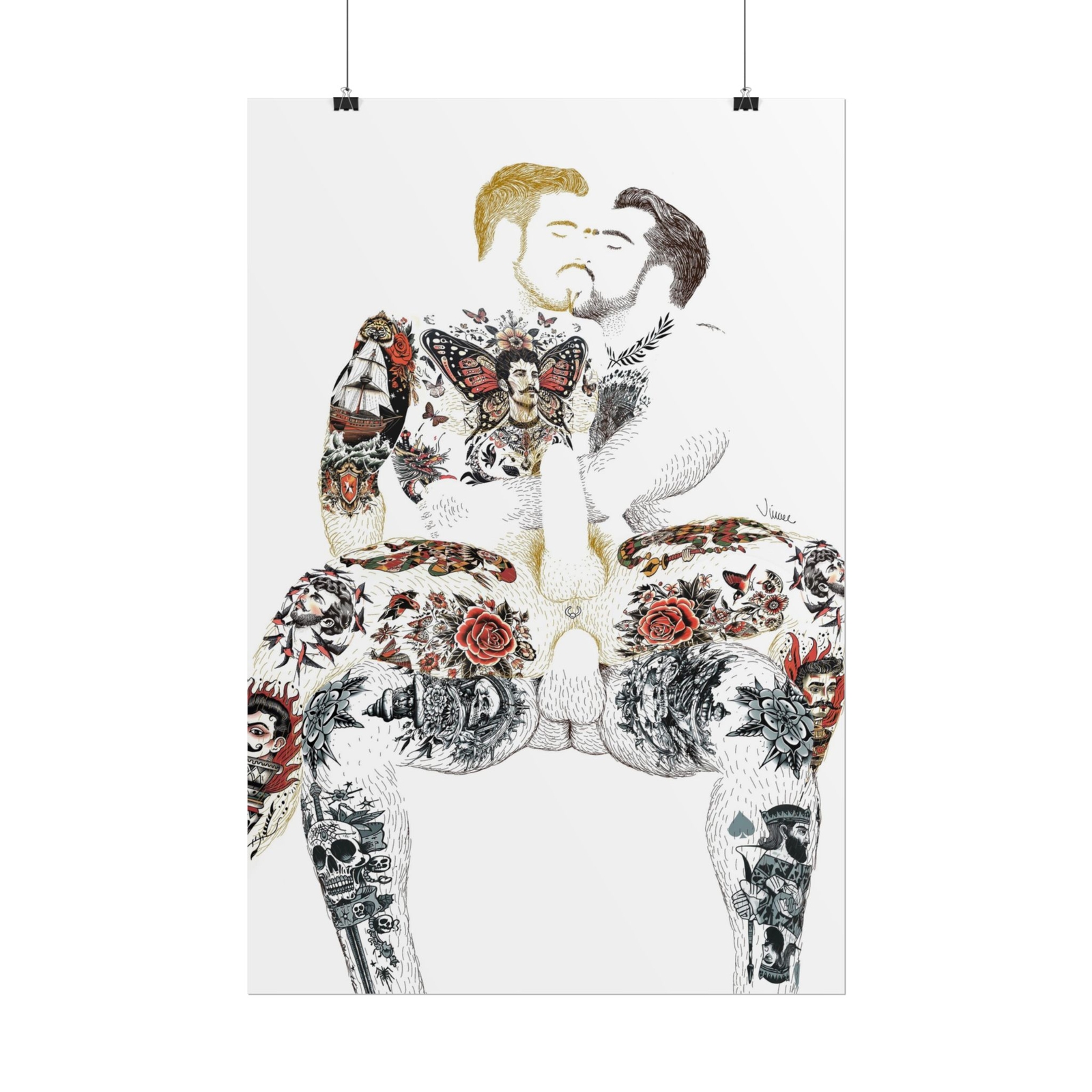 Original Old-School Tattoo Gay Art Print | Hairy Inked Hunks | Homoerotic Art