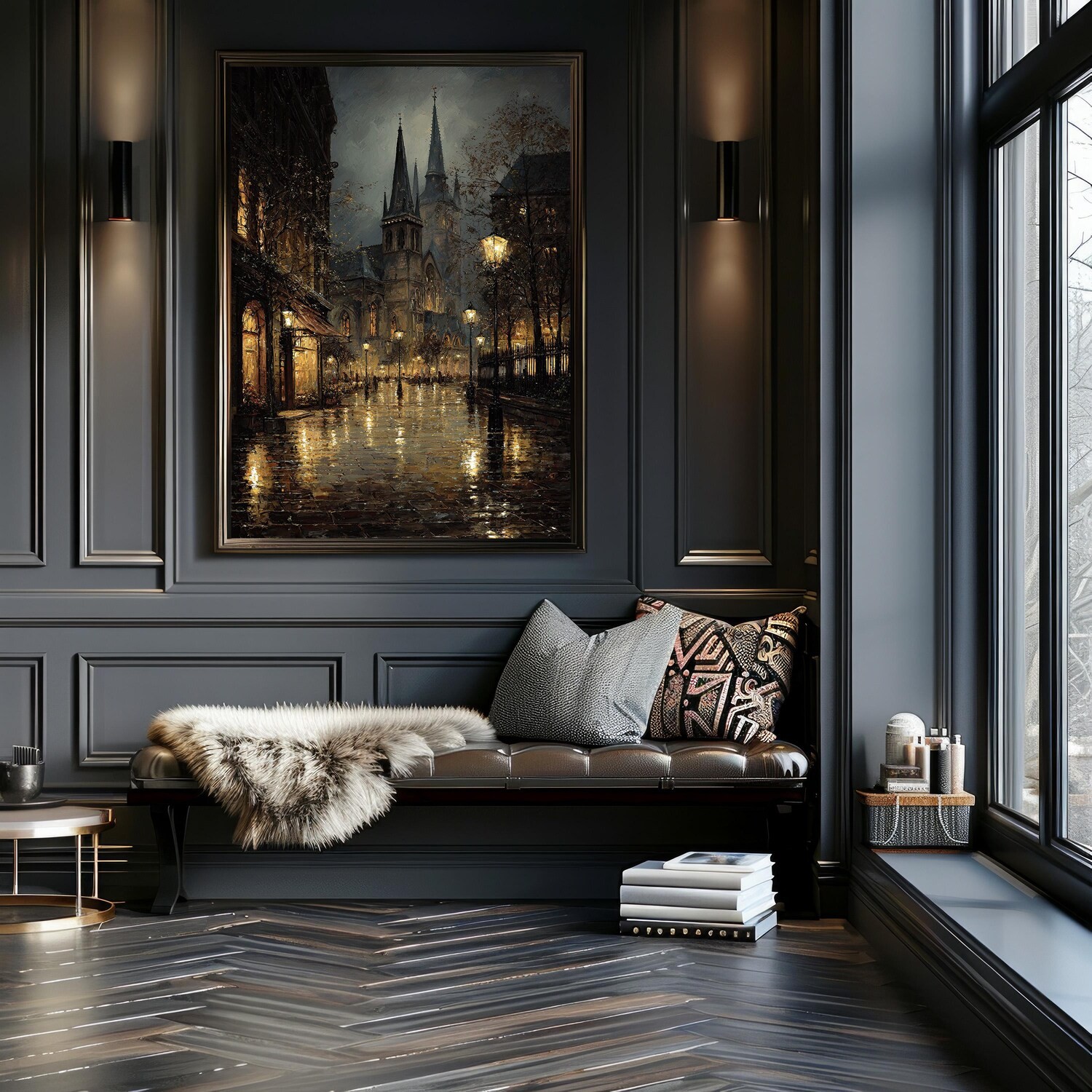 Gothic Cathedral Poster Victorian Rainy Street Moody Cityscape Wall Art