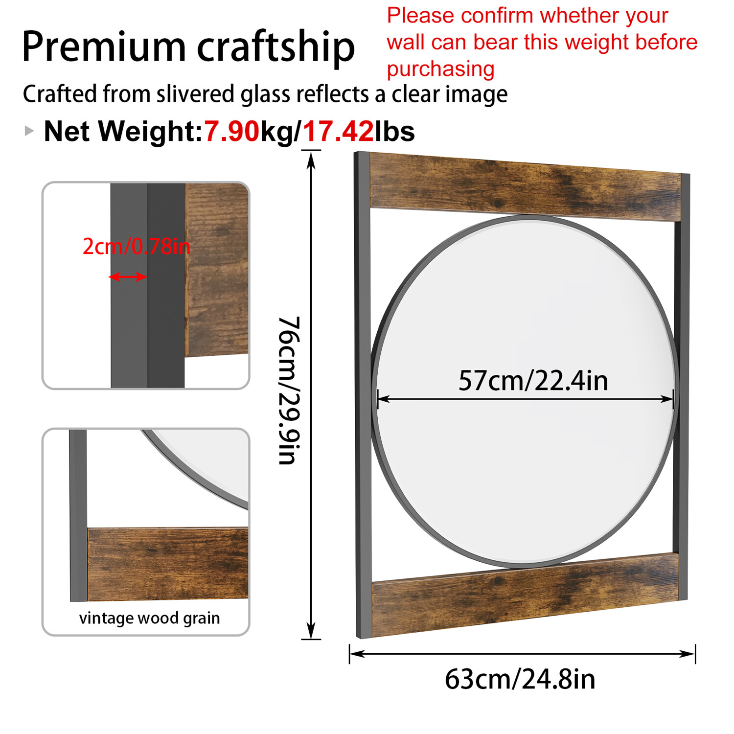 Farmhouse Wood Frame Round Bathroom Mirror 30 in Wall Hanging Accent Mirror