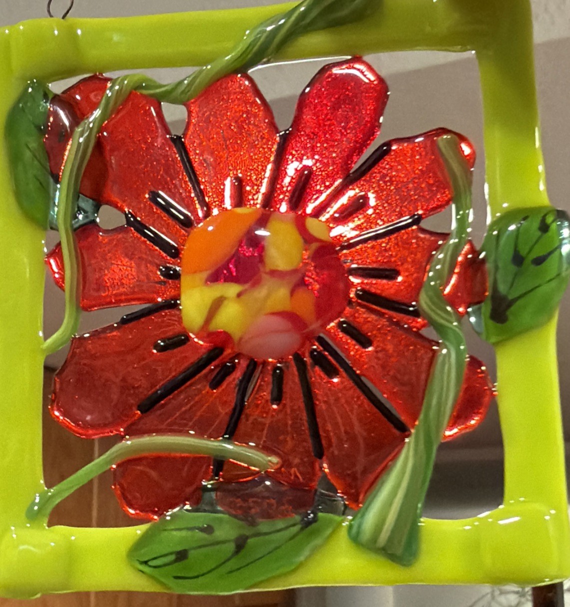 Fused Glass Handmade Square 4”x 4” Multicolor Sun Catcher Signed By Artist