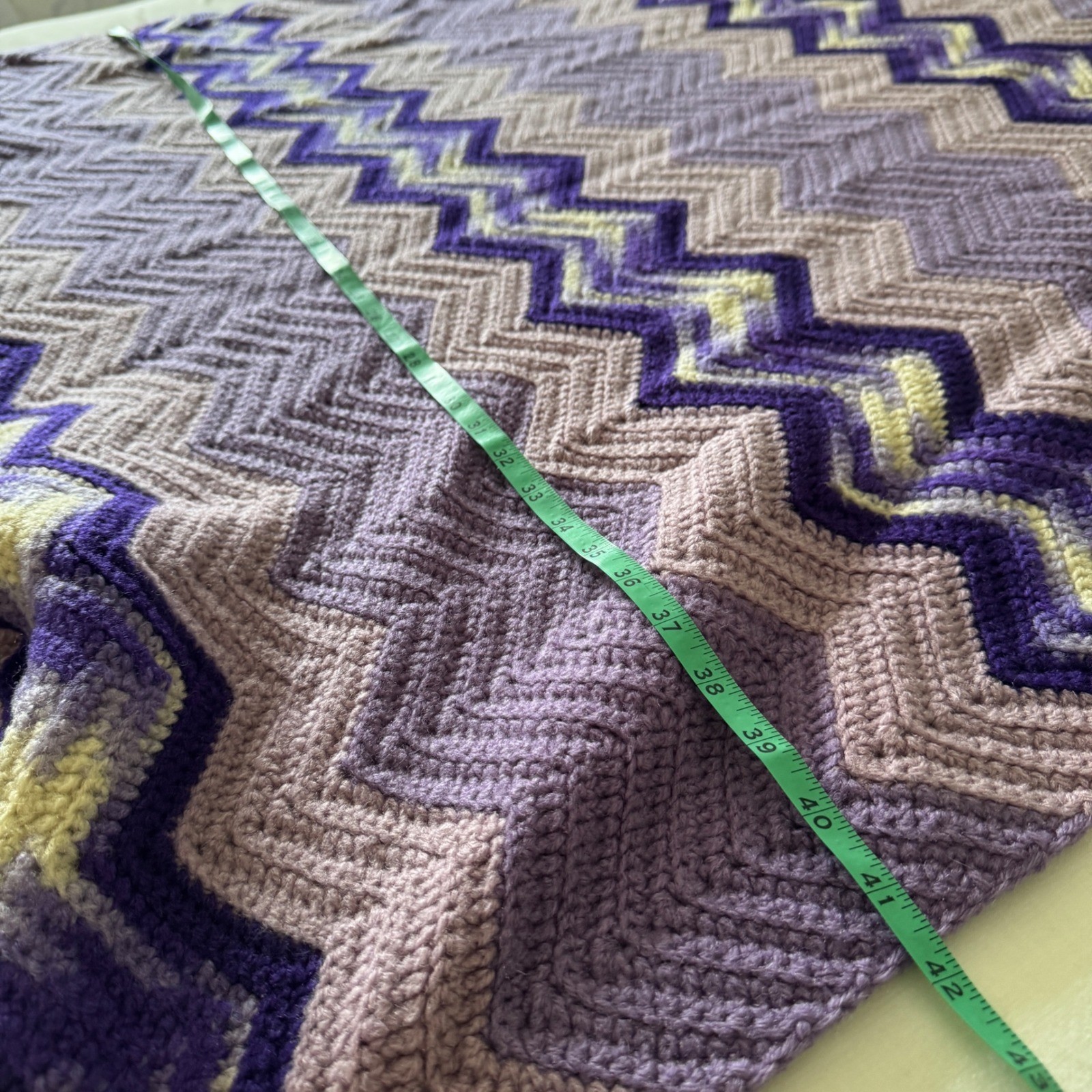 Vintage Handmade Crochet Purple Chevron Ripple Afghan Throw Blanket with Fringe