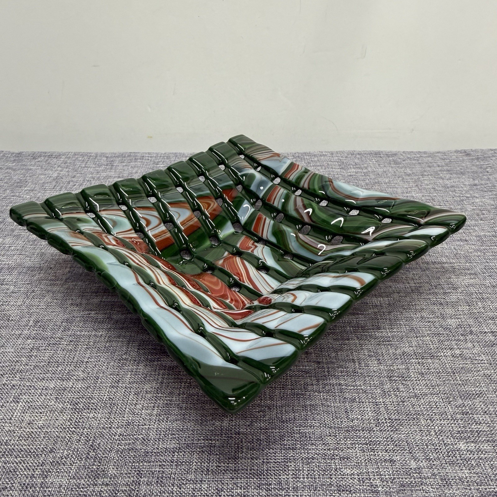 Fused Glass Art Dish Handcrafted Marbled Green Red White Square 6”