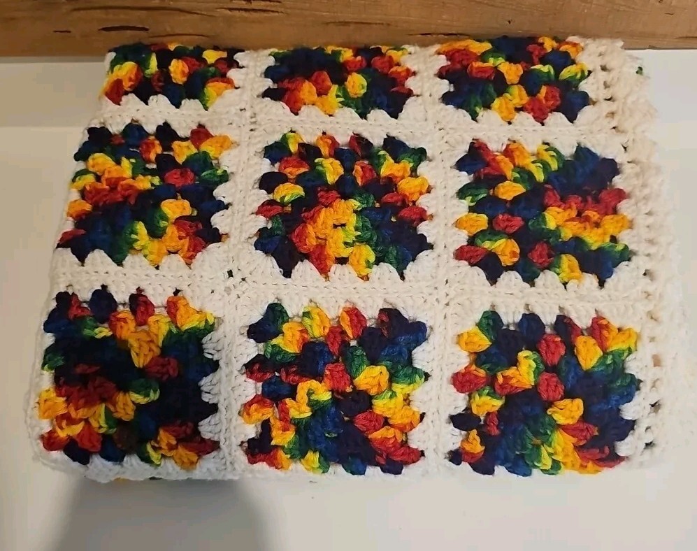 Granny Square Handmade Crochet Knitted Afghan Throw Blanket Rainbow 66″X50″