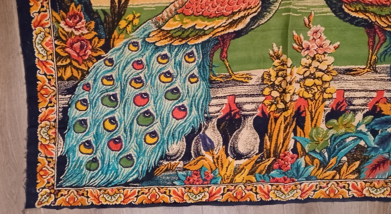 Peacock Tapestry VTG Wall Hanging Rug 37×58 Turkish Cotton Velvet Bird Art