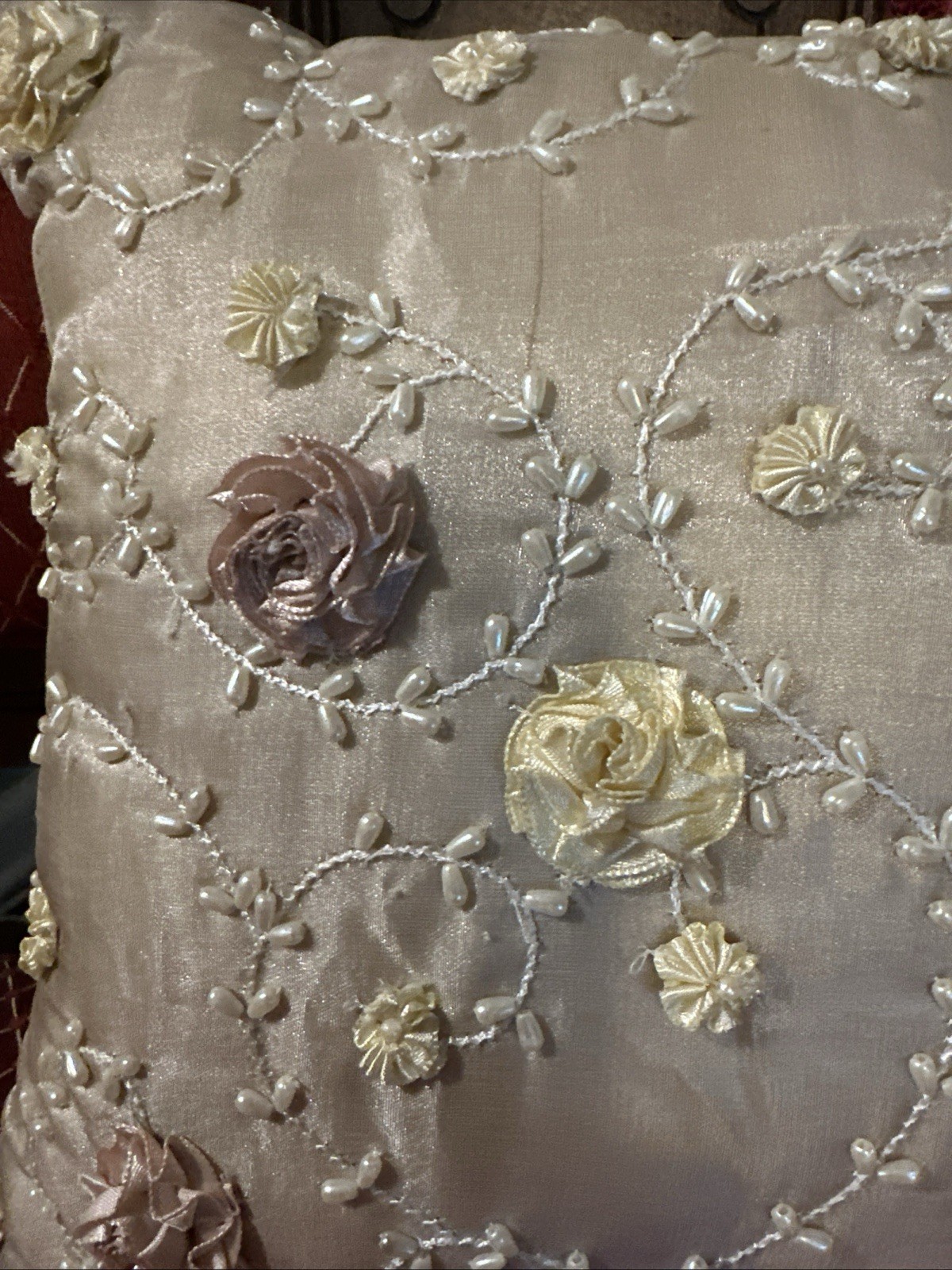 Decorative Embroidered Pillow Set Floral with Pearls Taupe 11×11