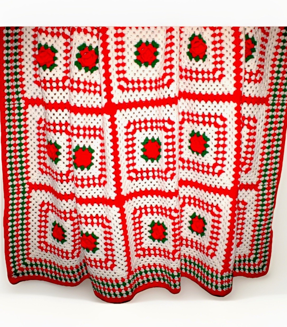 Christmas Afghan Granny Squares Crochet Blanket Throw White Red Green 78 X 80