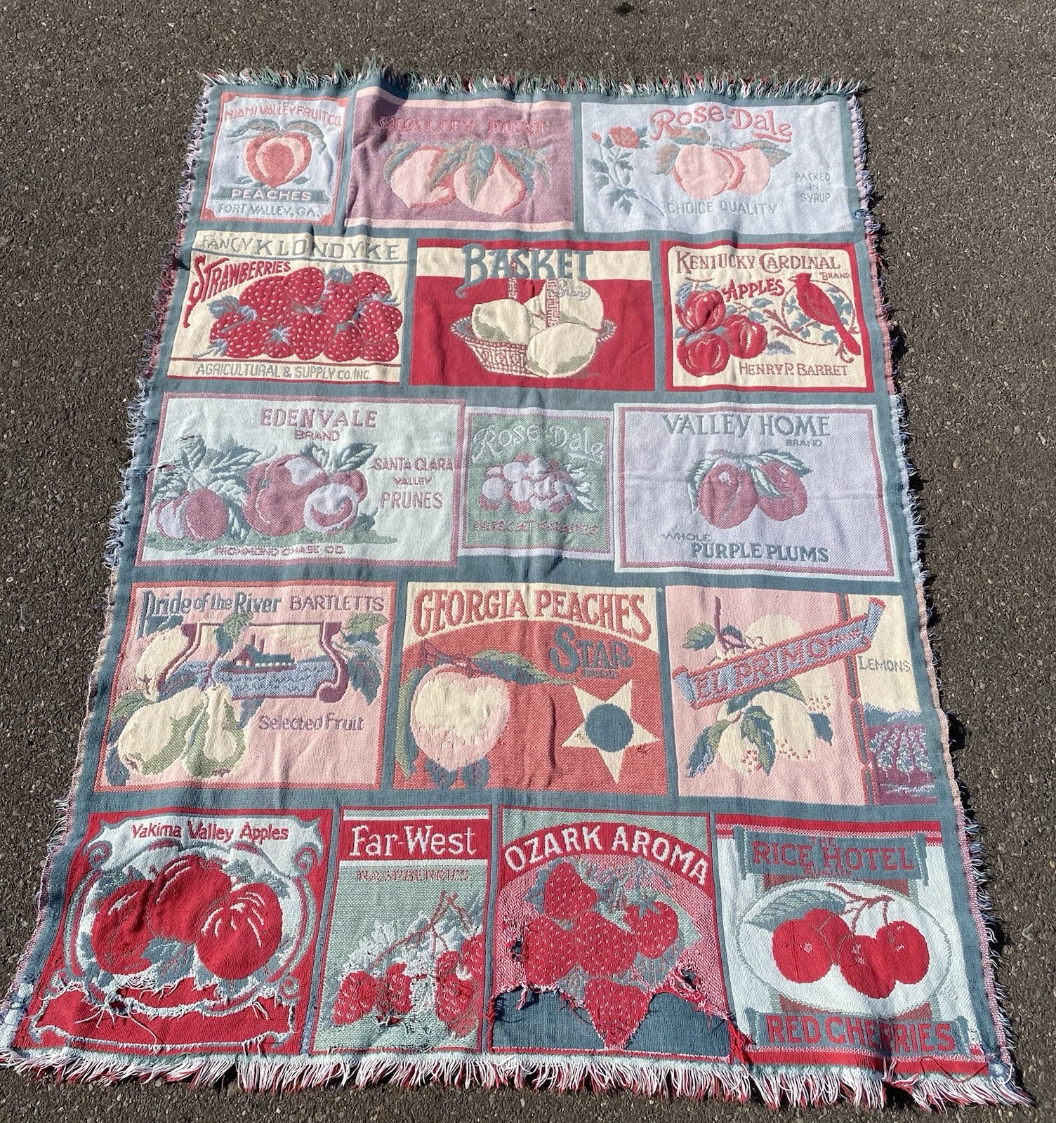 Goodwin Weavers Tapestry Throw Blanket Fruit Label 48×56 USA 100% Cotton Fringe