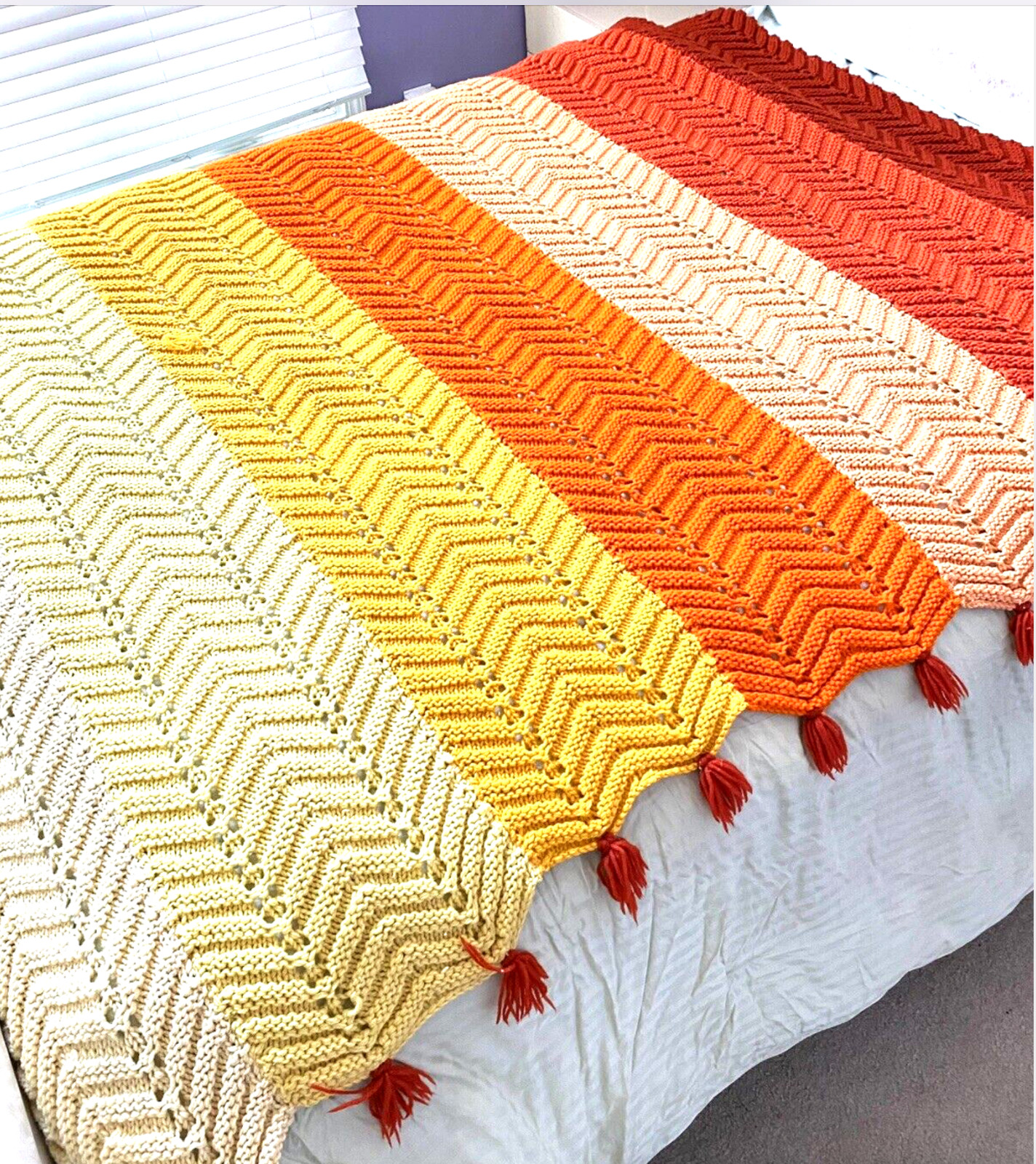 Granny Handmade Crochet Afghan Shabby Chic Farmhouse Throw Blanket 65×80 Tassels