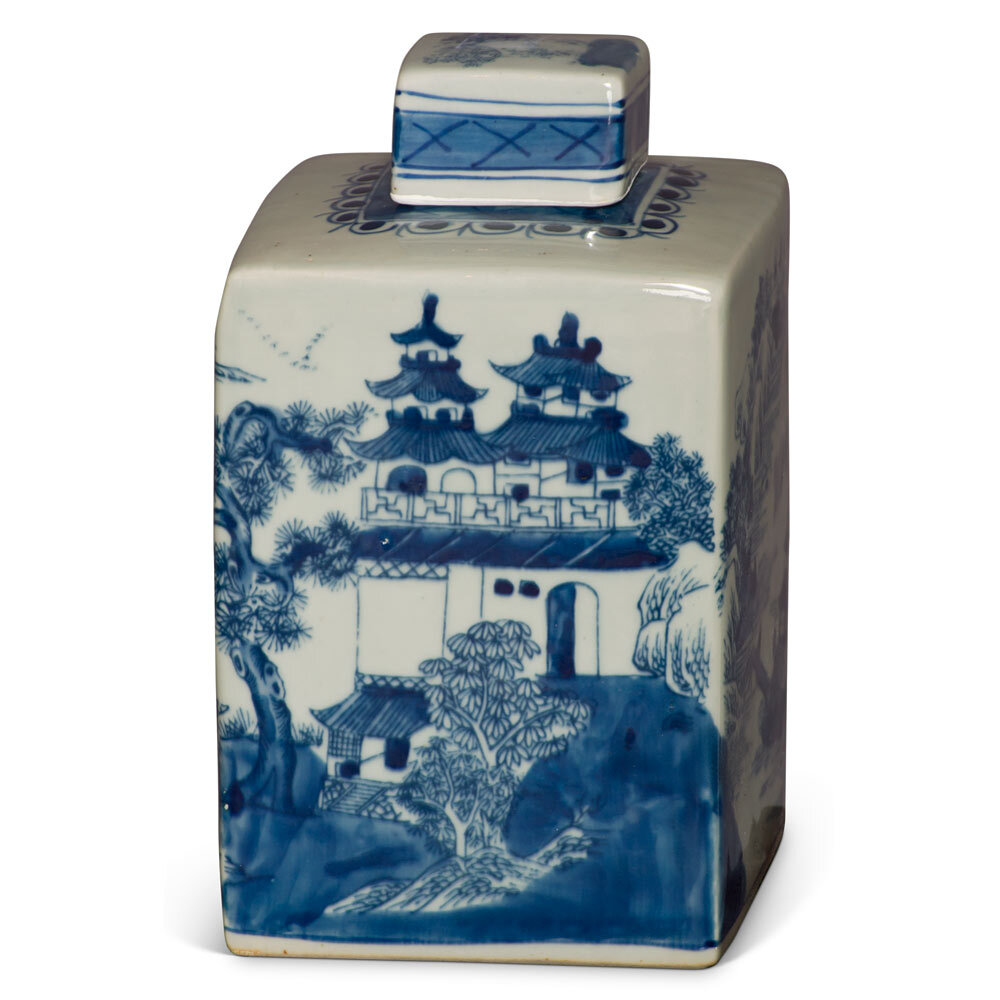 US SELLER – Blue and White Porcelain Chinese Tea Jar with Pagoda Scenery Motif