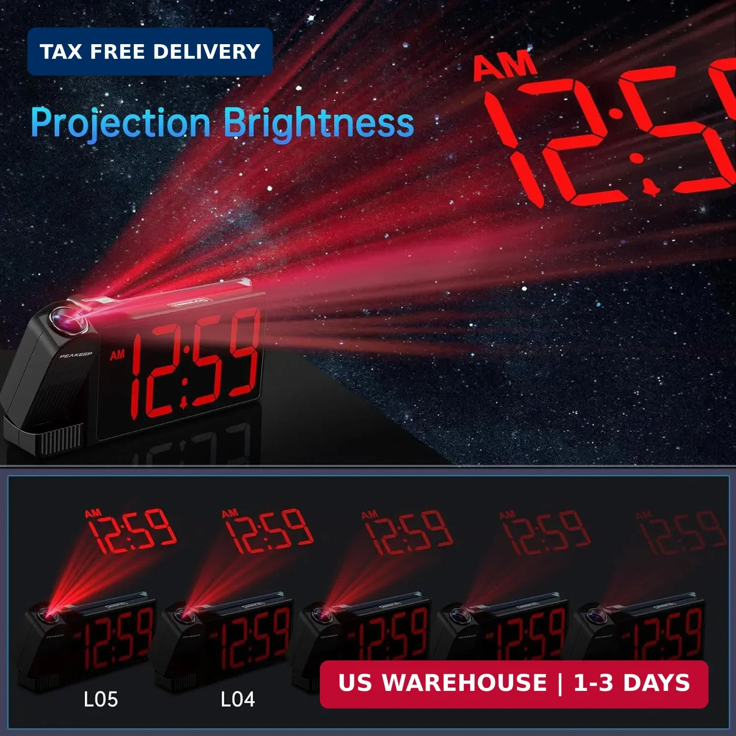 Peakeep Projection Alarm Clock for Bedroom Ceiling, Loud for Heavy Sleepers, RGB