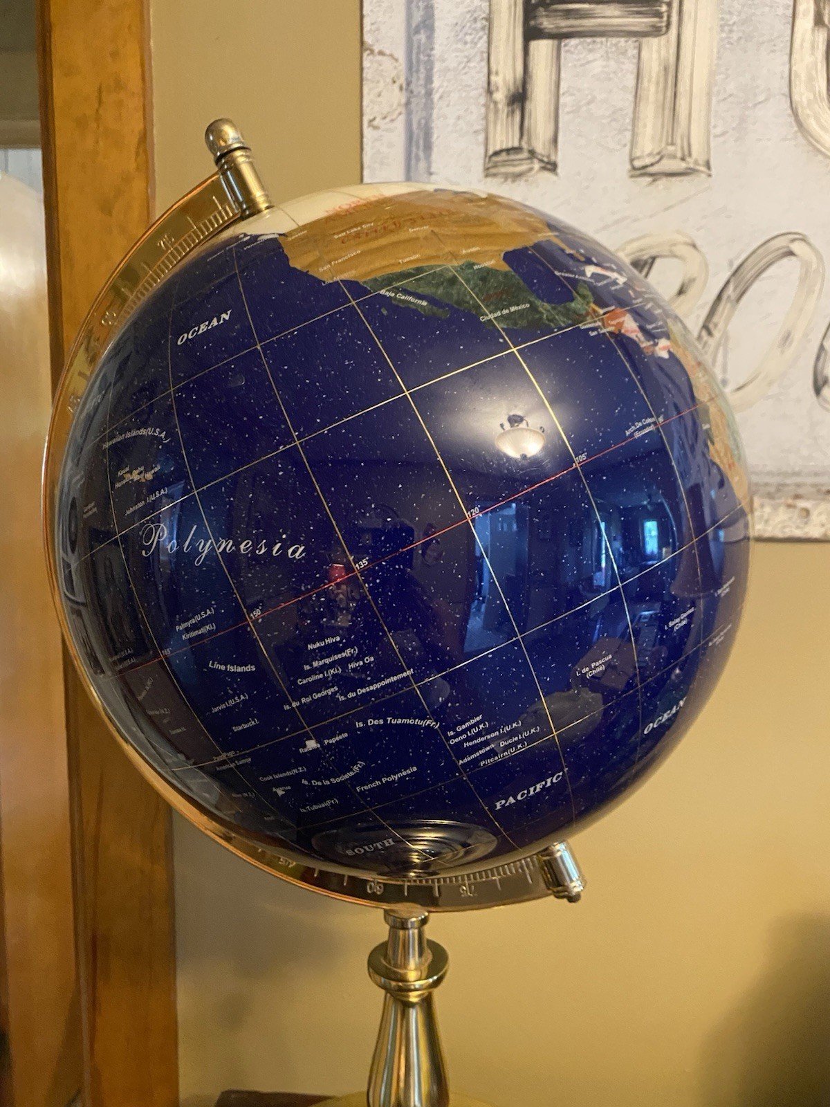 Large 24″ Blue Lapis Gemstone World Globe on Polished Brass Stand