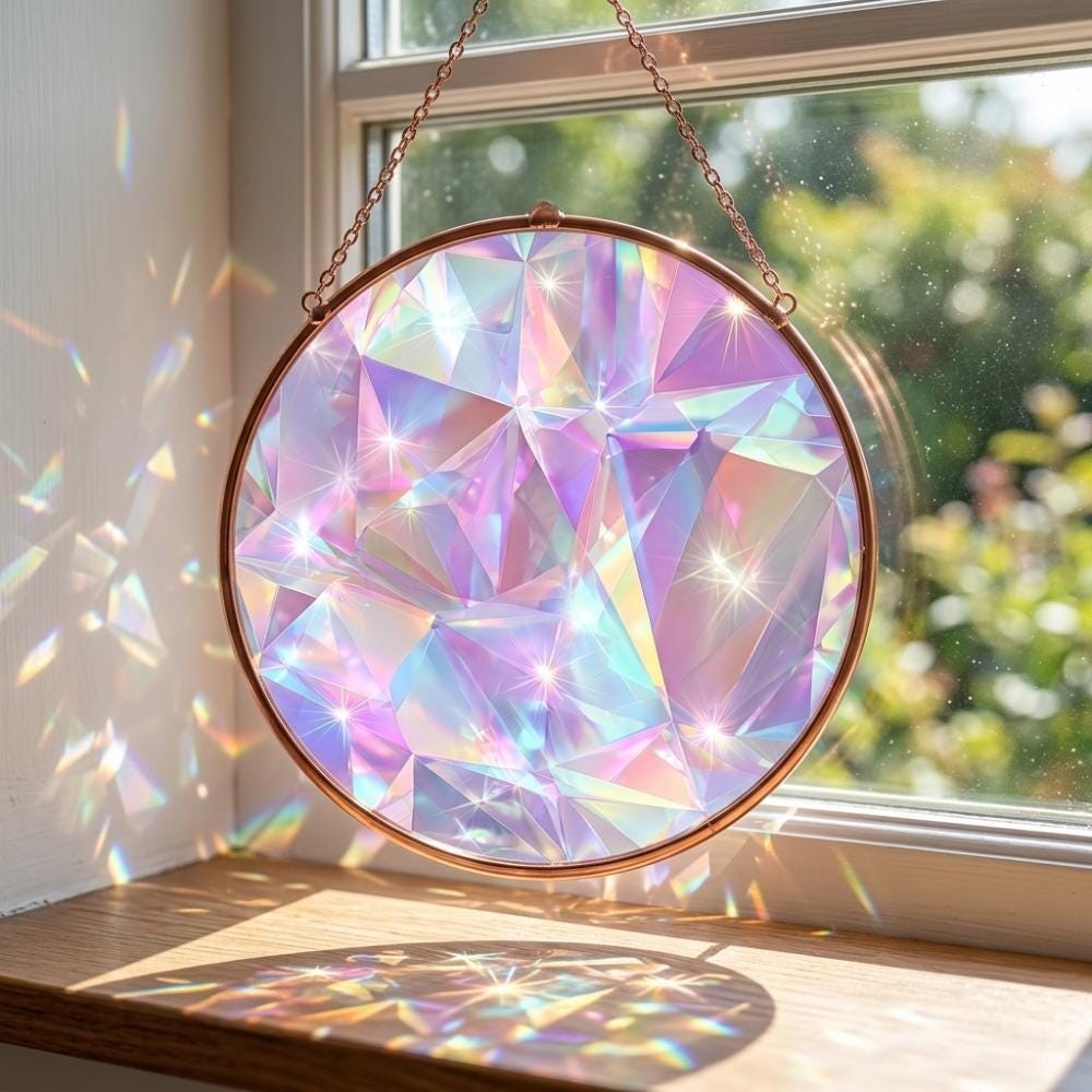 Rainbow Crystal Prism, Holographic Stained Glass Window Hanging,