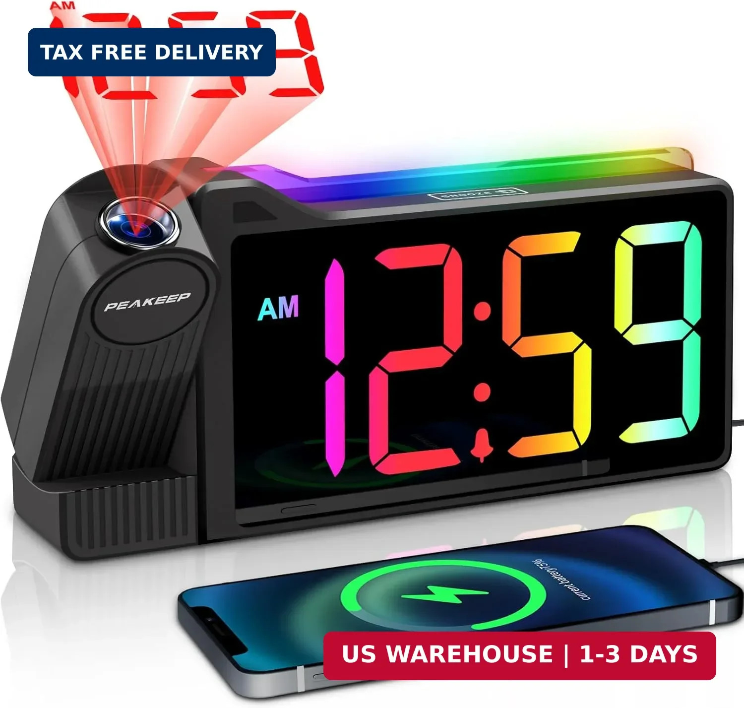 Peakeep Projection Alarm Clock for Bedroom Ceiling, Loud for Heavy Sleepers, RGB