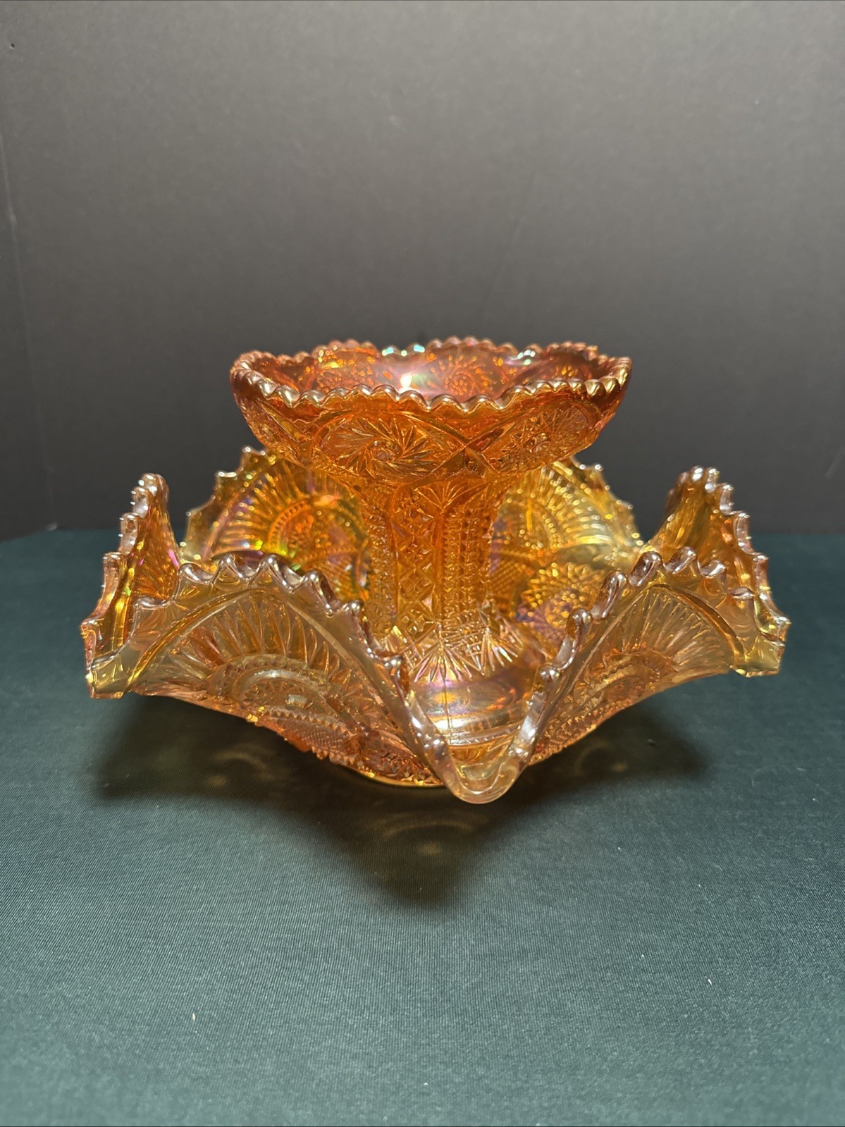 Iridescent Marigold Carnival Glass Centerpiece Serving Fruit Bowl 2 pc. Pedestal