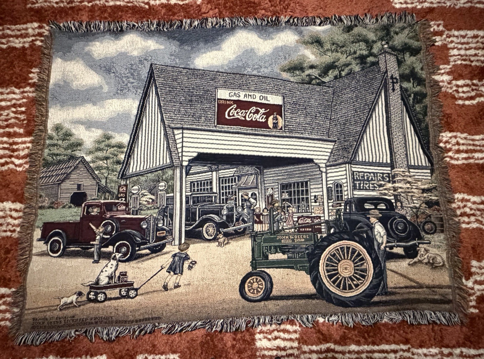 John Deere Coca Cola Tapestry Blanket 64”x47” Fringed Country Store