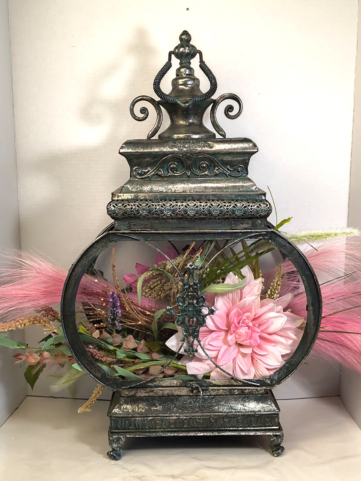 Zaer LTD. Int Ornate Metal Lantern Floral Display Terrarium Decor 18in.