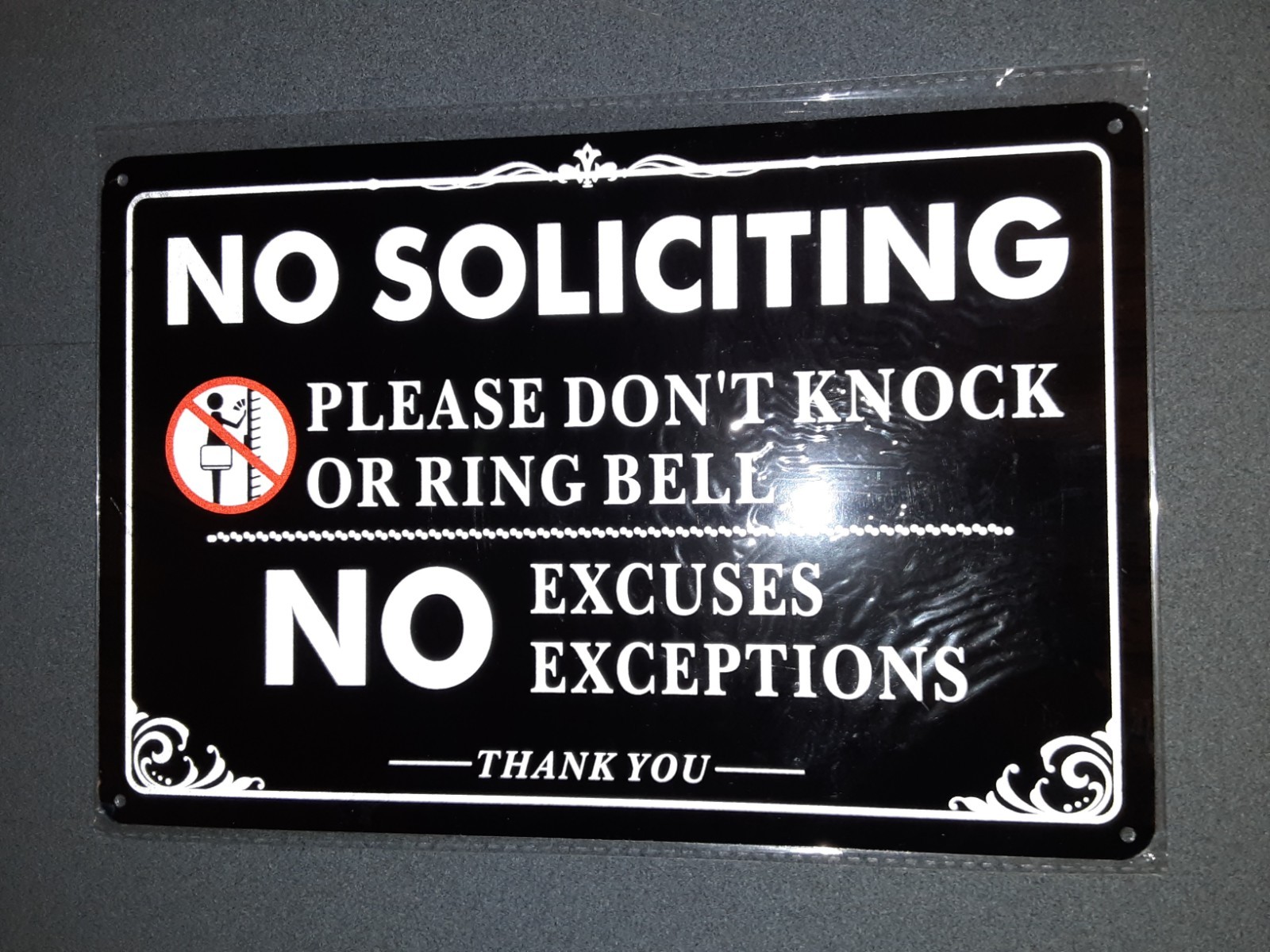No Soliciting Sign for Front Door – Metal / Aluminum – Min. 8 x 10 size – NEW