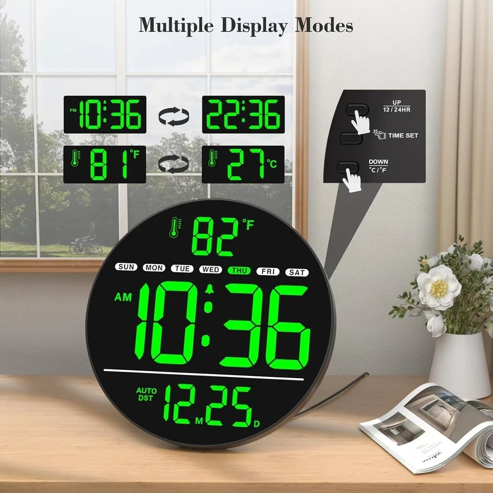Digital Wall Clock with Large LED Display, Auto-Brightness, Temperature, Low-…