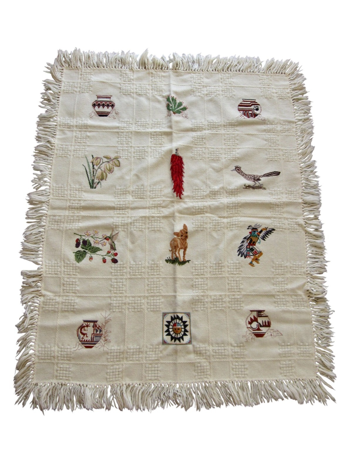 VTG 90s Handmade Needlepoint Blanket Southwest Motif Kachina Cactus Chihuahua