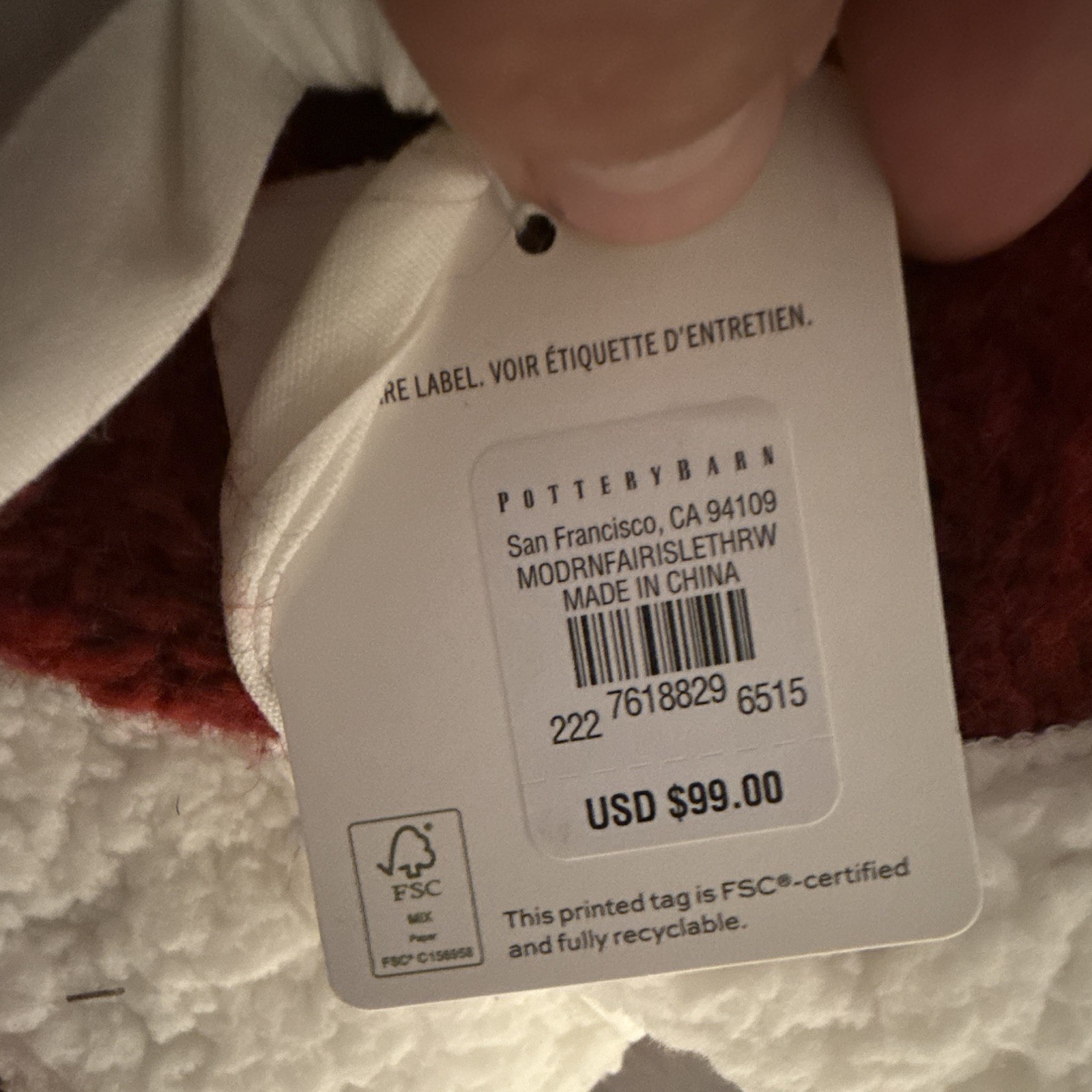 Pottery Barn Fair Isle Sherpa Backed Sofa Throw Blanket Red/White 50×60