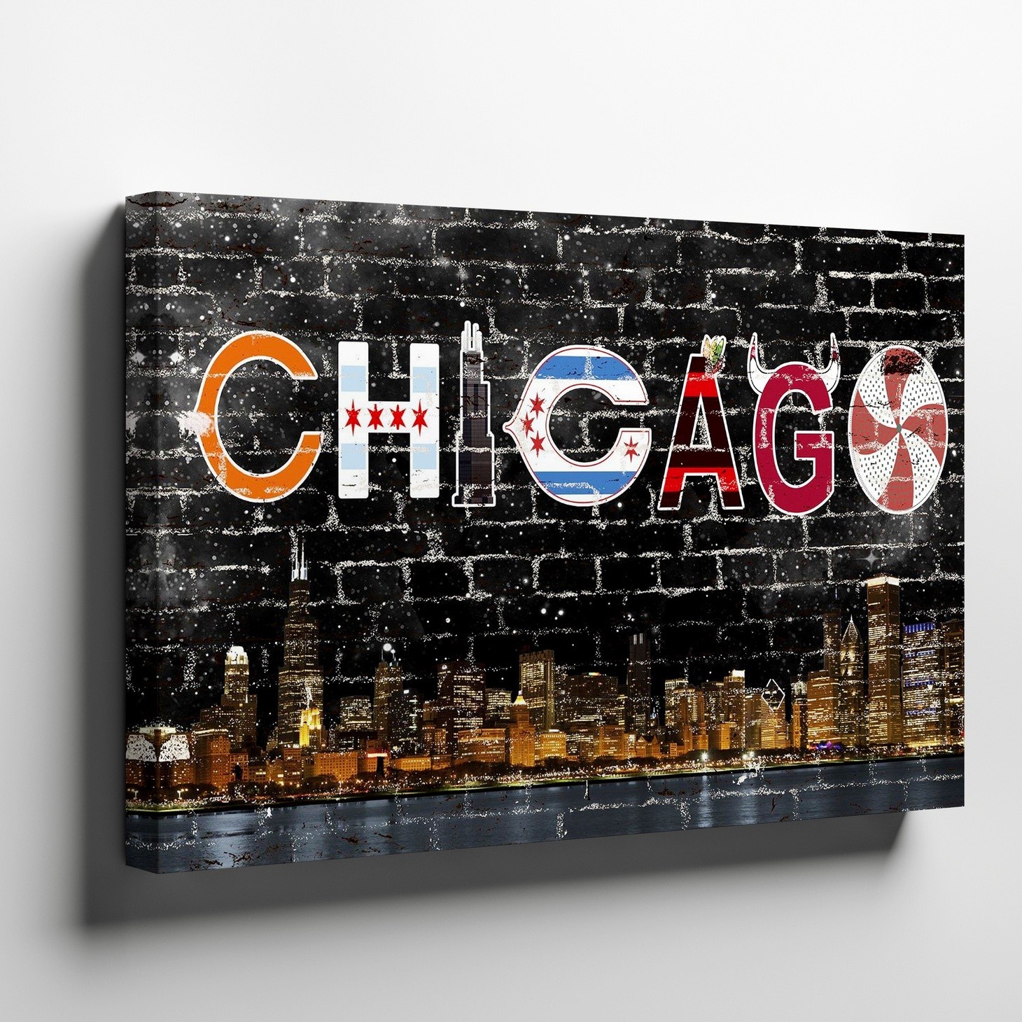 Chicago Skyline Canvas Wall Art with City Flag Letters on Black Brick Background