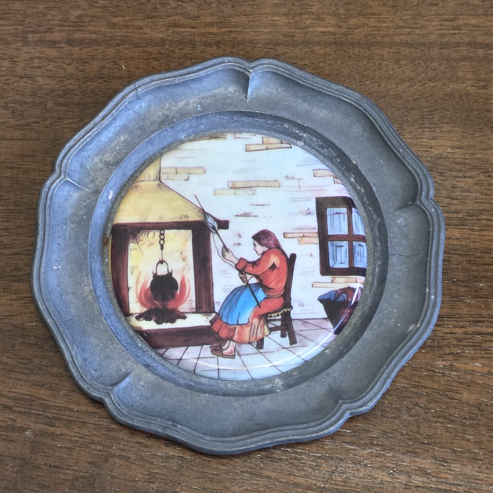 Vintage Pewter Wall Plaque Set 4 Ceramic Folk Art Peasant Scene Hanging Decor
