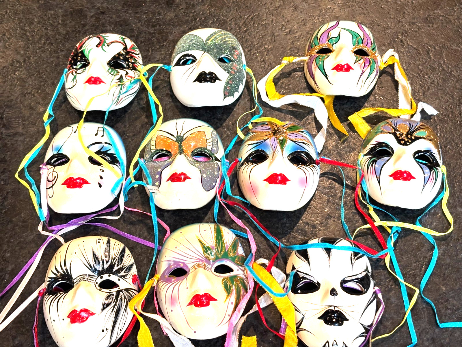 Hand Painted Mardi Gras Style Ceramic Masks for Wall Decor Set of 10