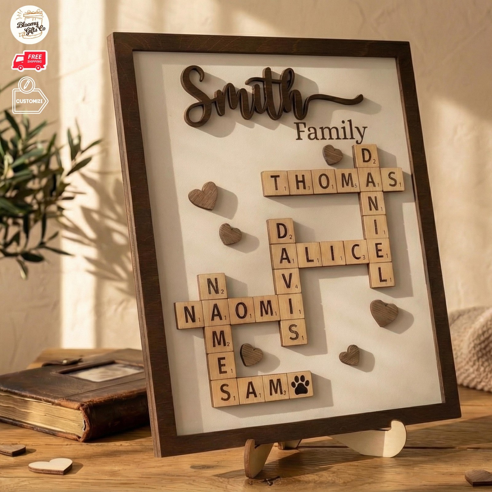 Personalized Family Crossword Puzzle Custom Scrabble Name Wood Frame Dad Gift