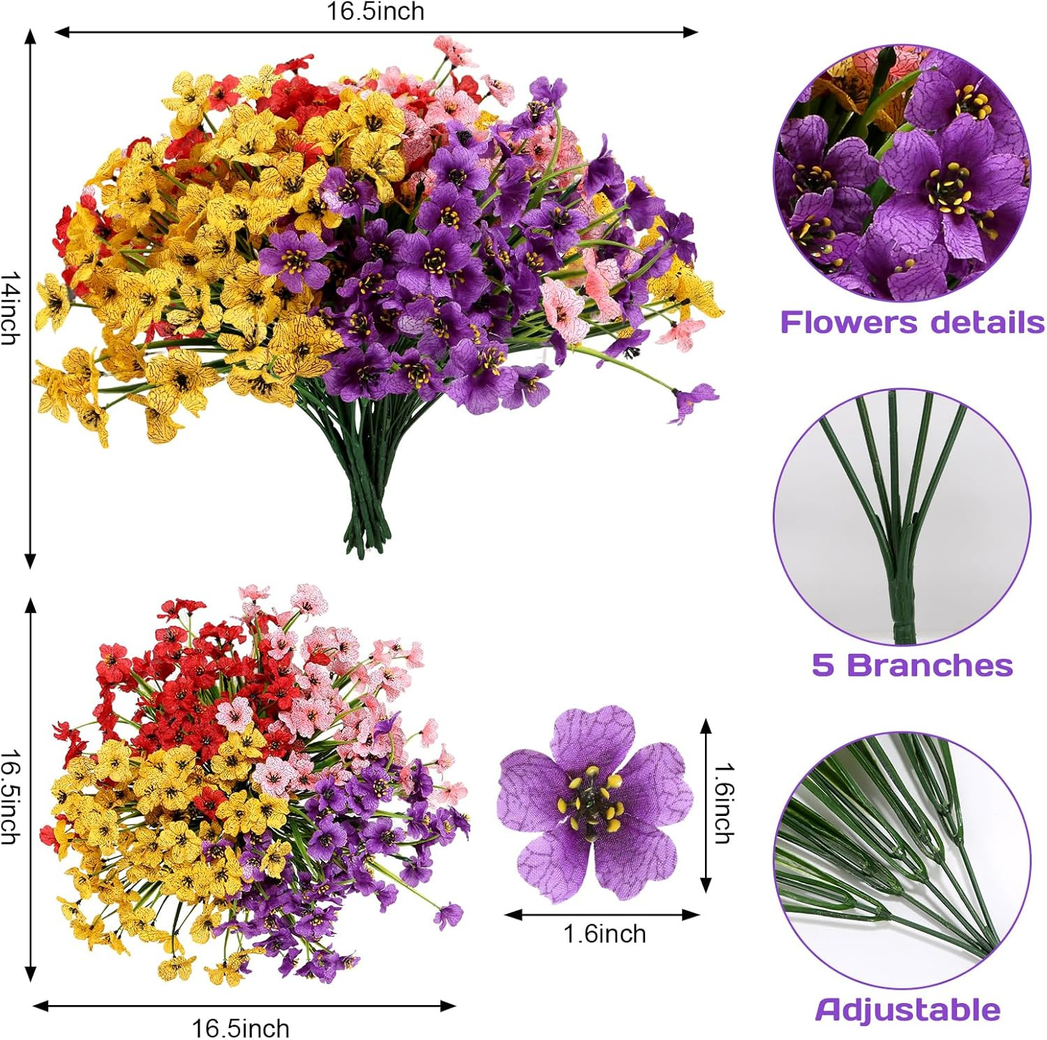 Artificial Mums Flowers for Outdoors, 16 Bundles UV Resistant Fake Plastic Color