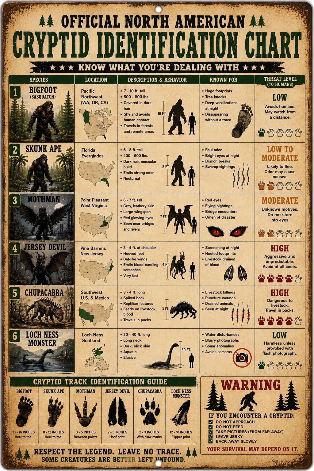 Funny Cryptid Identification Chart 8×12 Metal Sign Bigfoot Mothman Chupacabra