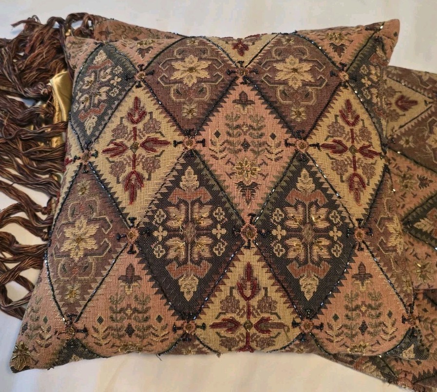Vtg Pier 1 Imports Boho Beaded Diamond Moroccan Tapestry Fringe Throw & Pillow
