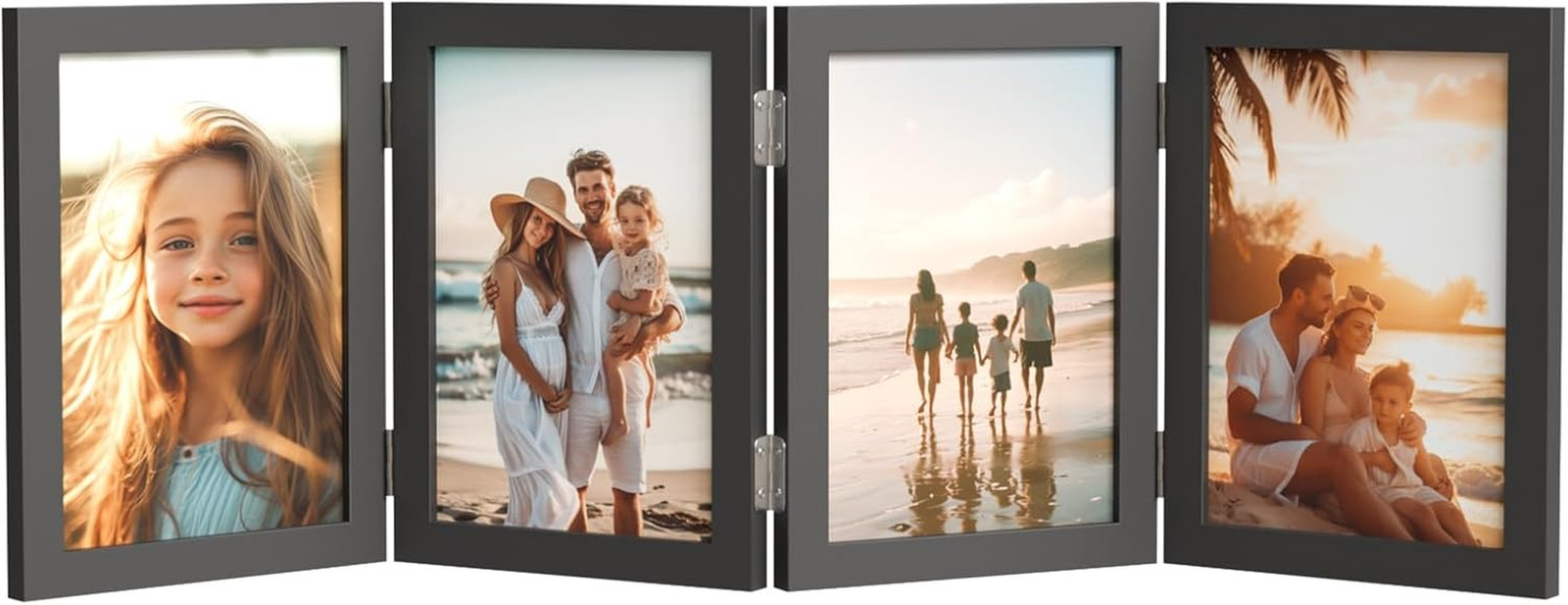 4 Picture Frame 4×6 Four Folding Hinged Photo Frames Rustic Wood Desk Famil